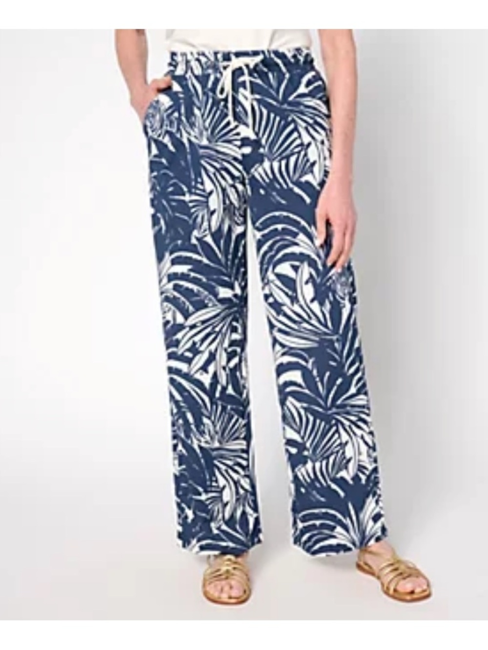 Belle By Kim Gravel XS Navy & White Tropical Wide-Leg Cabana Pants